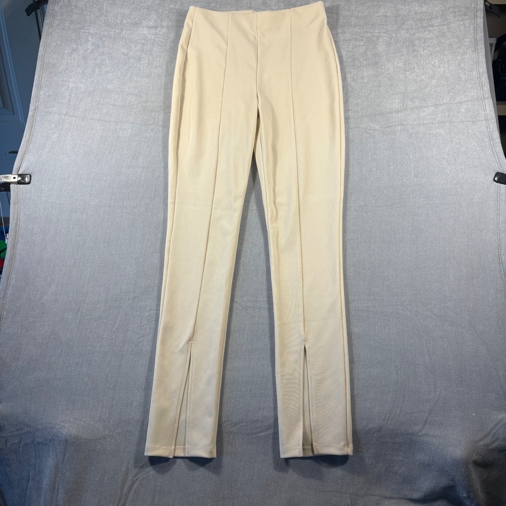 Zara Womens XL Cream Ribbed Knit High Waisted Front Slit Hem Pants 5039/225/712